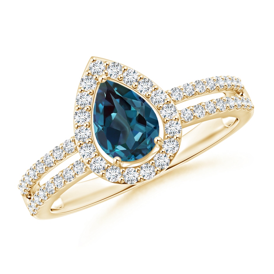 7x5mm Labgrown Pear Lab-Grown Alexandrite and Diamond Halo Split Shank Ring in Yellow Gold 