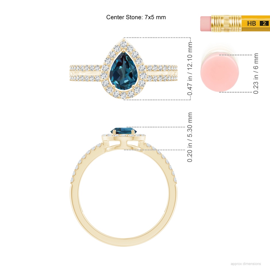 7x5mm Labgrown Pear Lab-Grown Alexandrite and Diamond Halo Split Shank Ring in Yellow Gold ruler