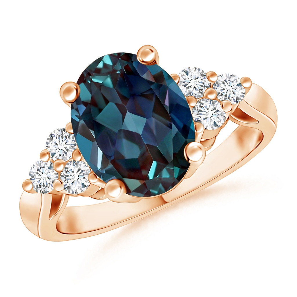 10x8mm Labgrown Oval Lab-Grown Alexandrite Cocktail Ring With Trio Diamond Accents in Rose Gold