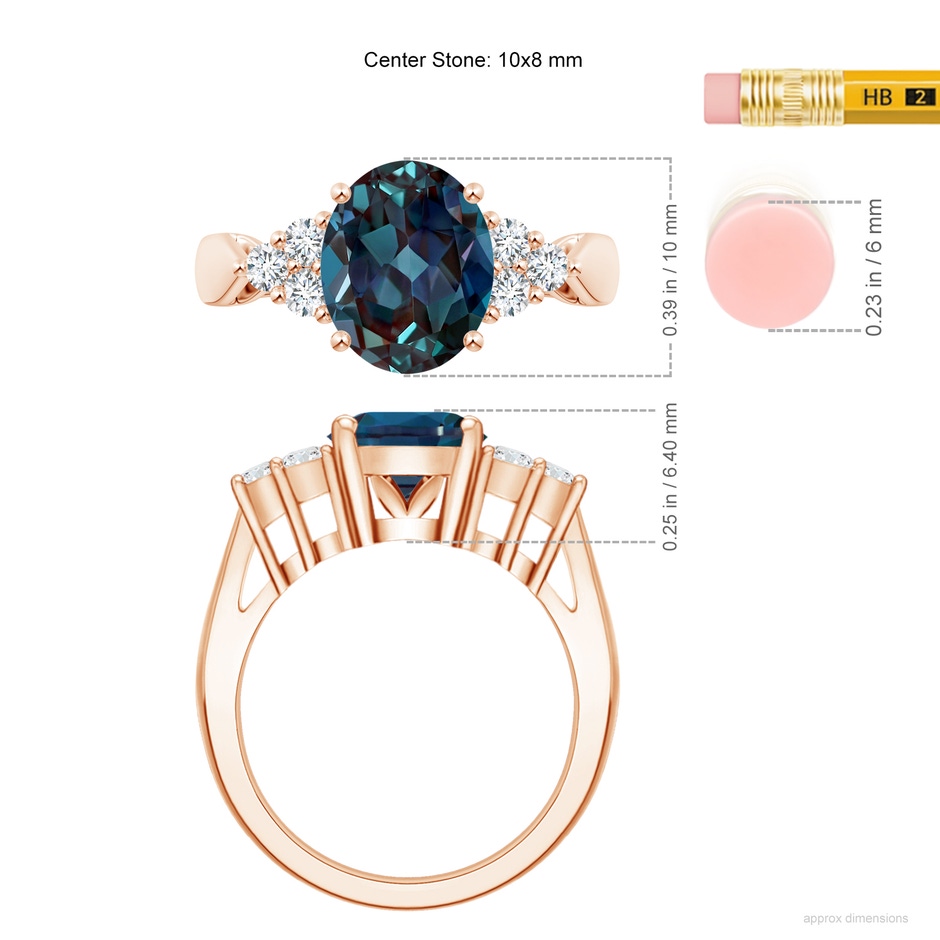 10x8mm Labgrown Oval Lab-Grown Alexandrite Cocktail Ring With Trio Diamond Accents in Rose Gold ruler