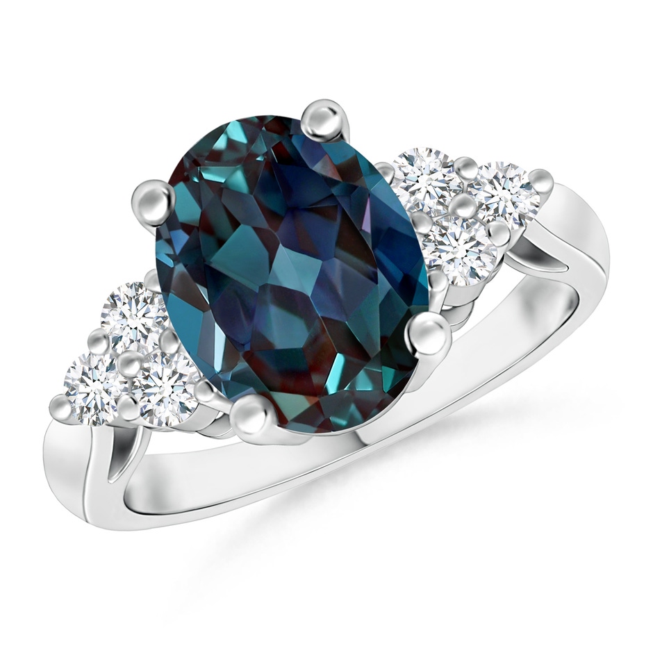 10x8mm Labgrown Oval Lab-Grown Alexandrite Cocktail Ring With Trio Diamond Accents in White Gold 