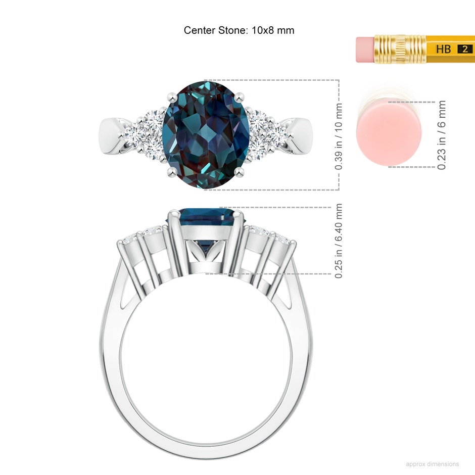10x8mm Labgrown Oval Lab-Grown Alexandrite Cocktail Ring With Trio Diamond Accents in White Gold ruler