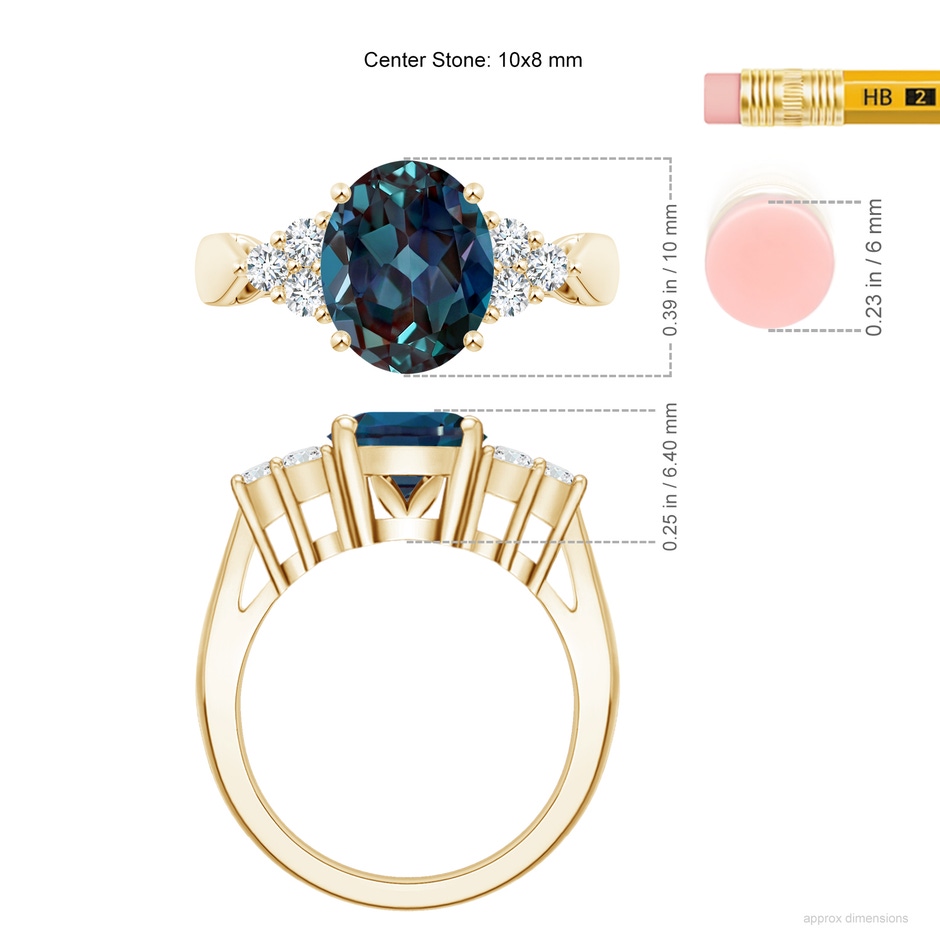 10x8mm Labgrown Oval Lab-Grown Alexandrite Cocktail Ring With Trio Diamond Accents in Yellow Gold ruler