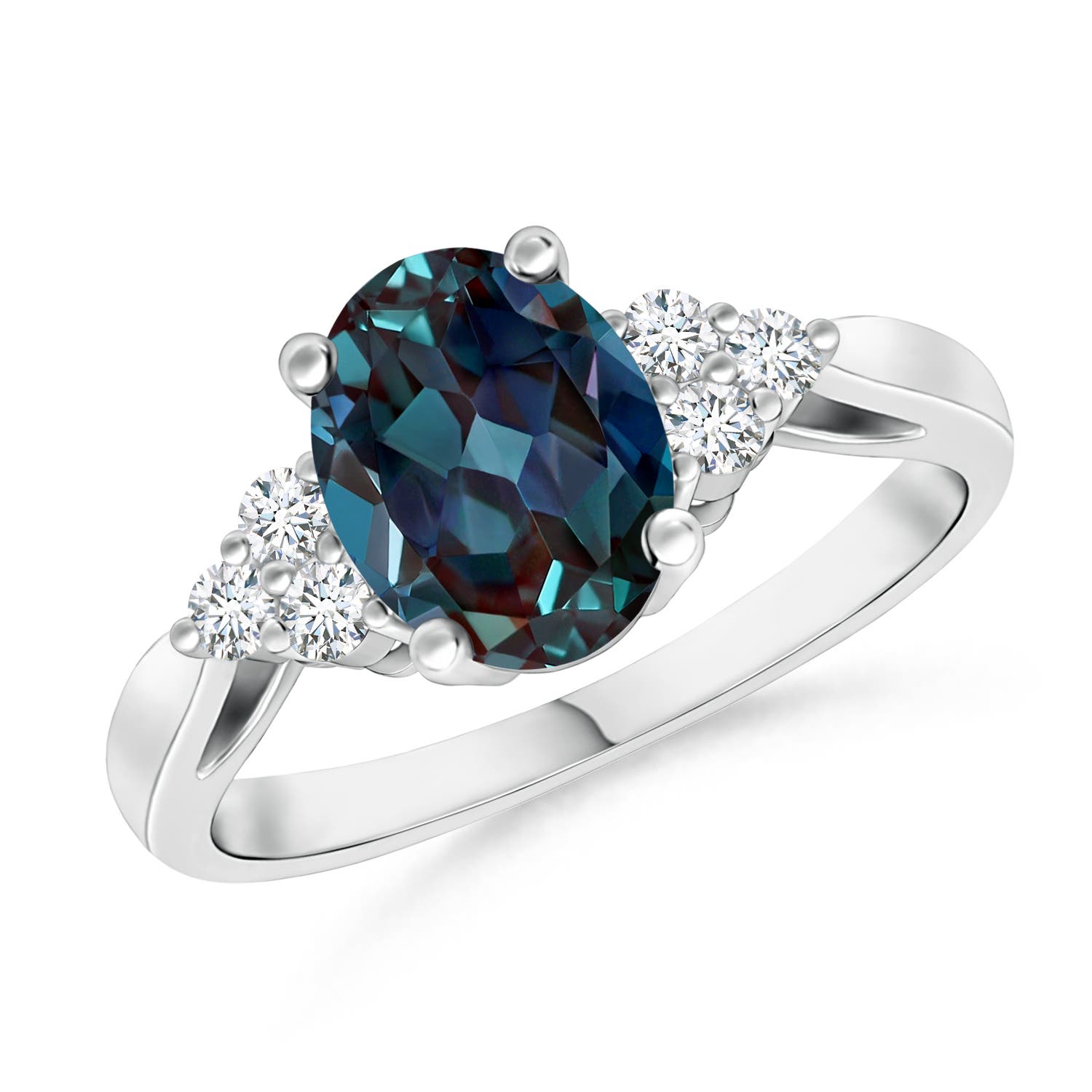 8x6mm Labgrown Oval Lab-Grown Alexandrite Cocktail Ring With Trio Diamond Accents in 18K White Gold