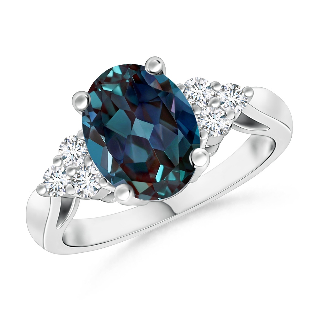 9x7mm Labgrown Oval Lab-Grown Alexandrite Cocktail Ring With Trio Diamond Accents in White Gold