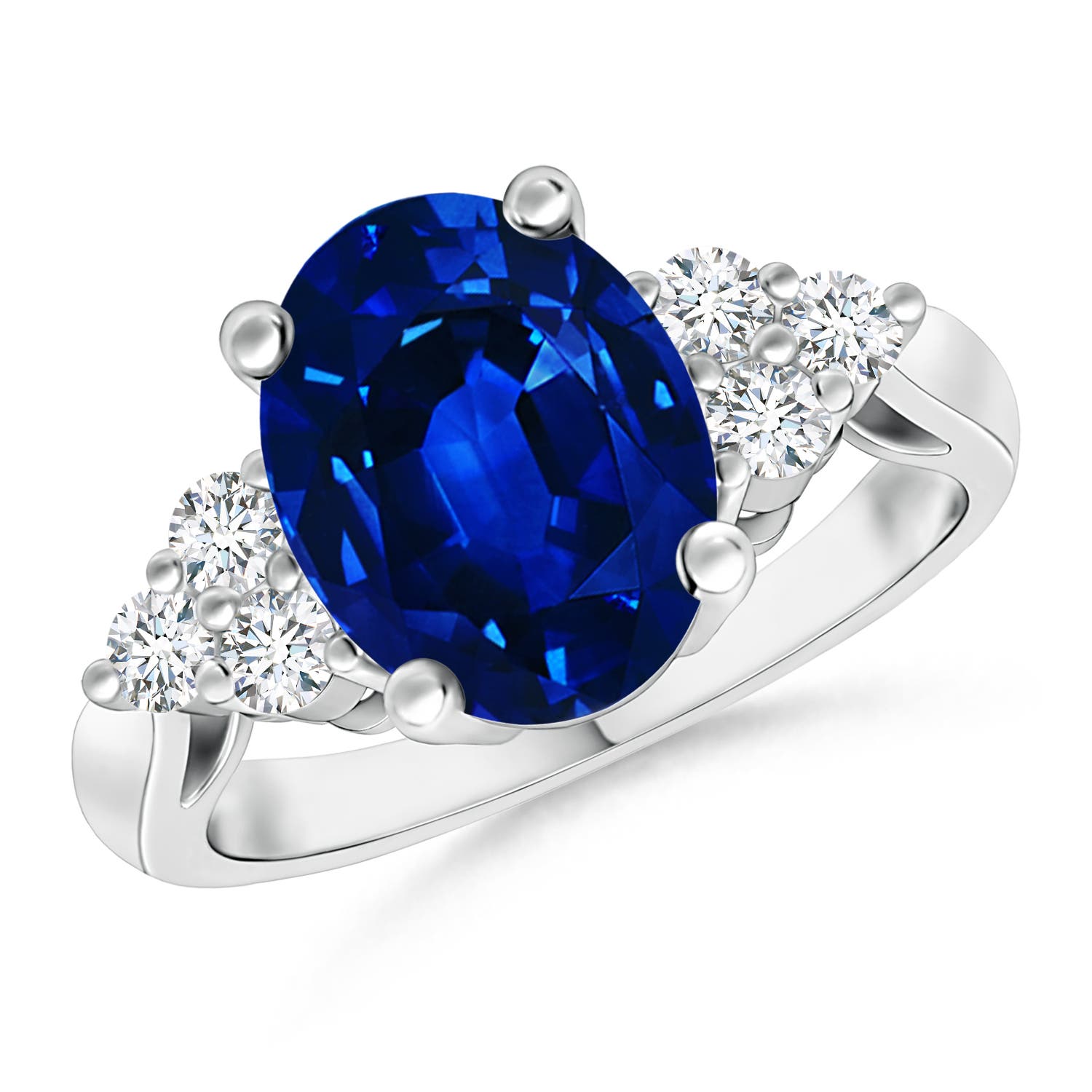 10x8mm Labgrown Lab-Grown Oval Blue Sapphire Cocktail Ring With Trio Diamond Accents in 18K White Gold