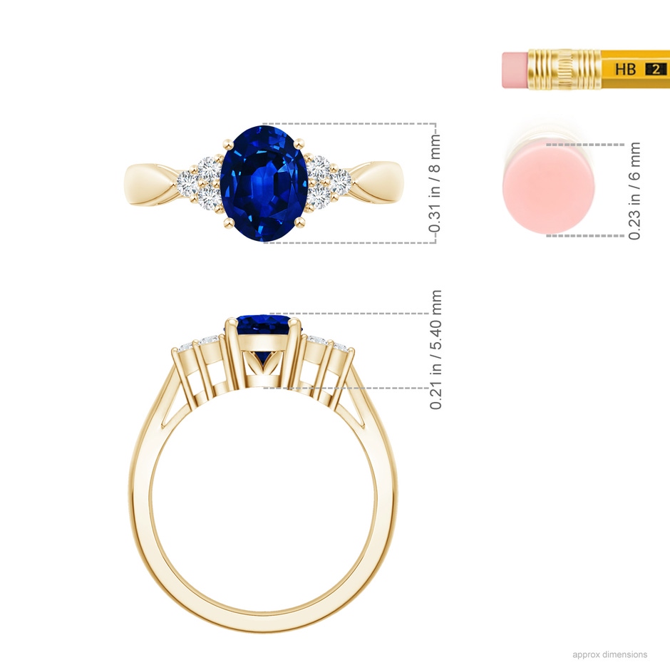 8x6mm Labgrown Lab-Grown Oval Blue Sapphire Cocktail Ring With Trio Diamond Accents in 9K Yellow Gold ruler