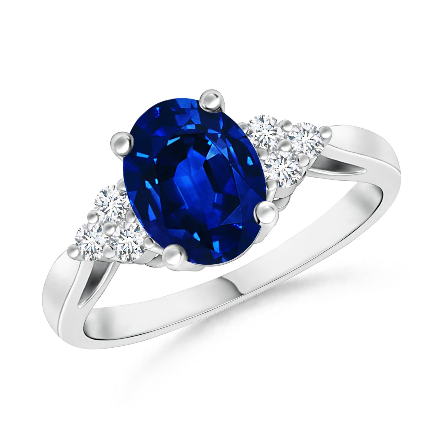 8x6mm Labgrown Lab-Grown Oval Blue Sapphire Cocktail Ring With Trio Diamond Accents in White Gold