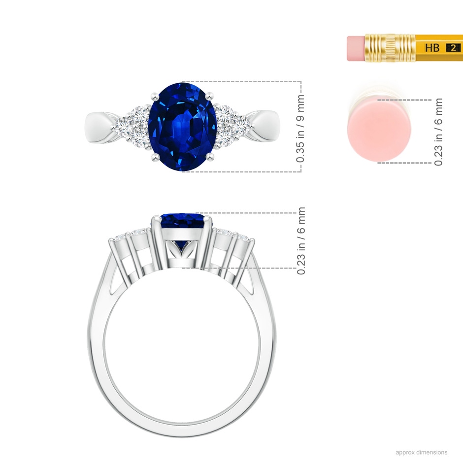 9x7mm Labgrown Lab-Grown Oval Blue Sapphire Cocktail Ring With Trio Diamond Accents in White Gold ruler