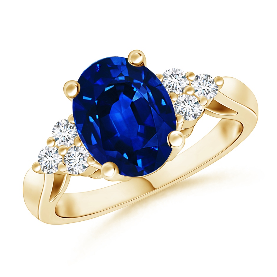9x7mm Labgrown Lab-Grown Oval Blue Sapphire Cocktail Ring With Trio Diamond Accents in Yellow Gold 