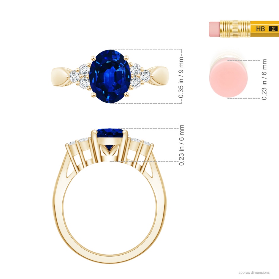 9x7mm Labgrown Lab-Grown Oval Blue Sapphire Cocktail Ring With Trio Diamond Accents in Yellow Gold ruler