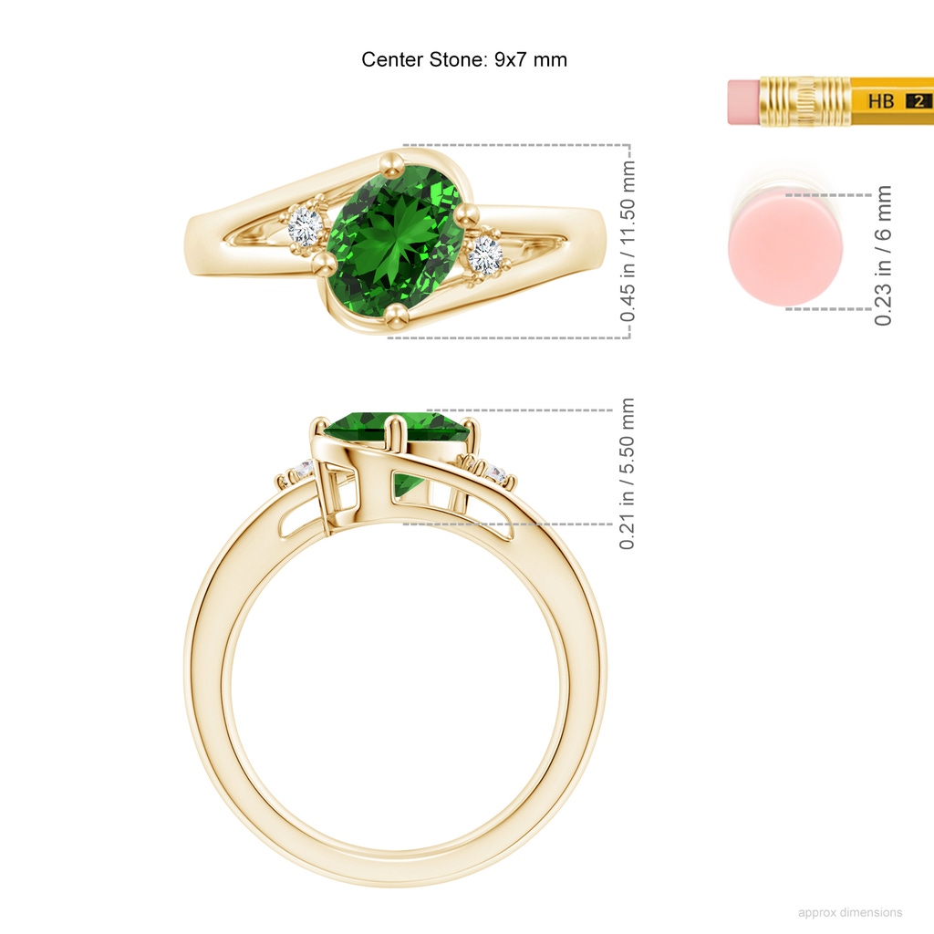 9x7mm Labgrown Lab-Grown Emerald and Diamond Split Shank Ring in Yellow Gold ruler