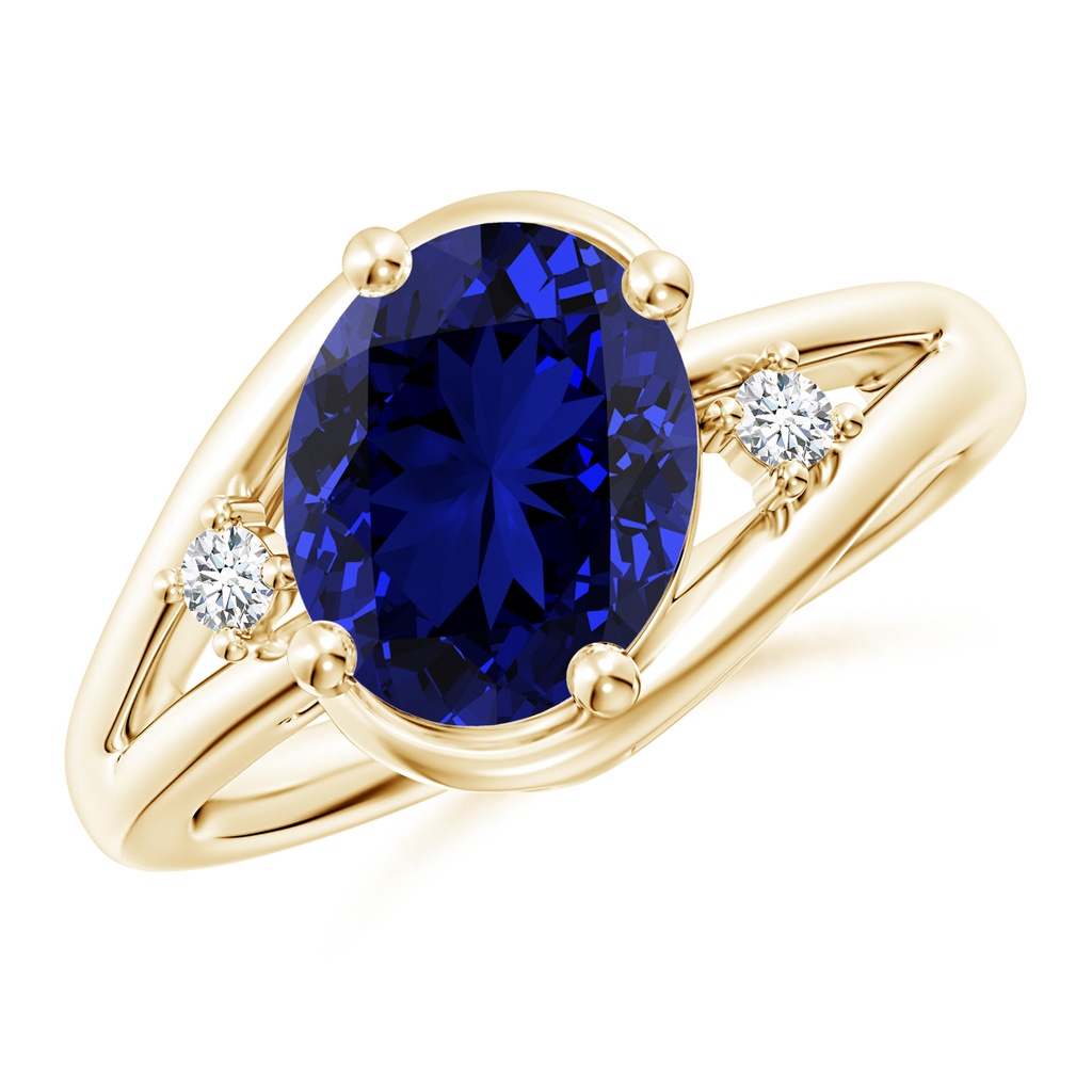 10x8mm Labgrown Lab-Grown Blue Sapphire and Diamond Split Shank Ring in Yellow Gold