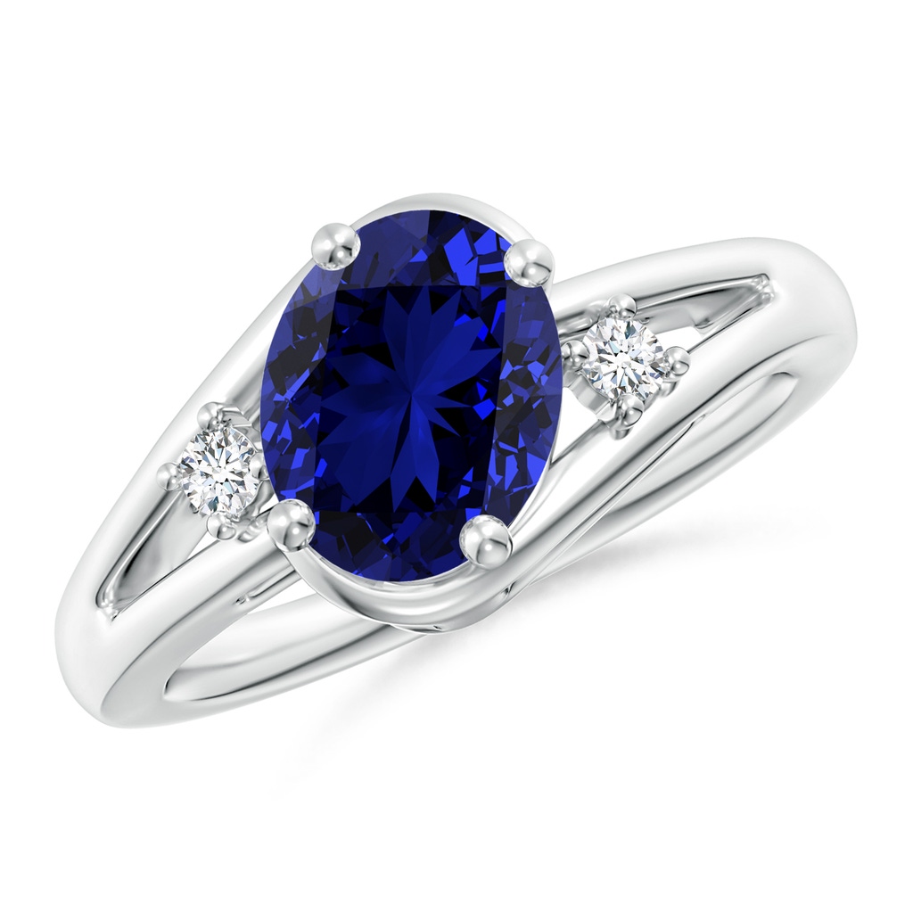 9x7mm Labgrown Lab-Grown Blue Sapphire and Diamond Split Shank Ring in White Gold