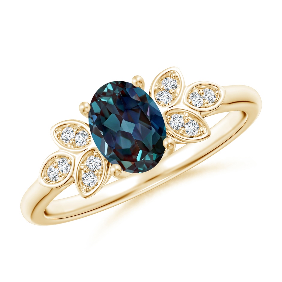7x5mm Labgrown Vintage Style Oval Lab-Grown Alexandrite Ring with Diamond Accents in 18K Yellow Gold 