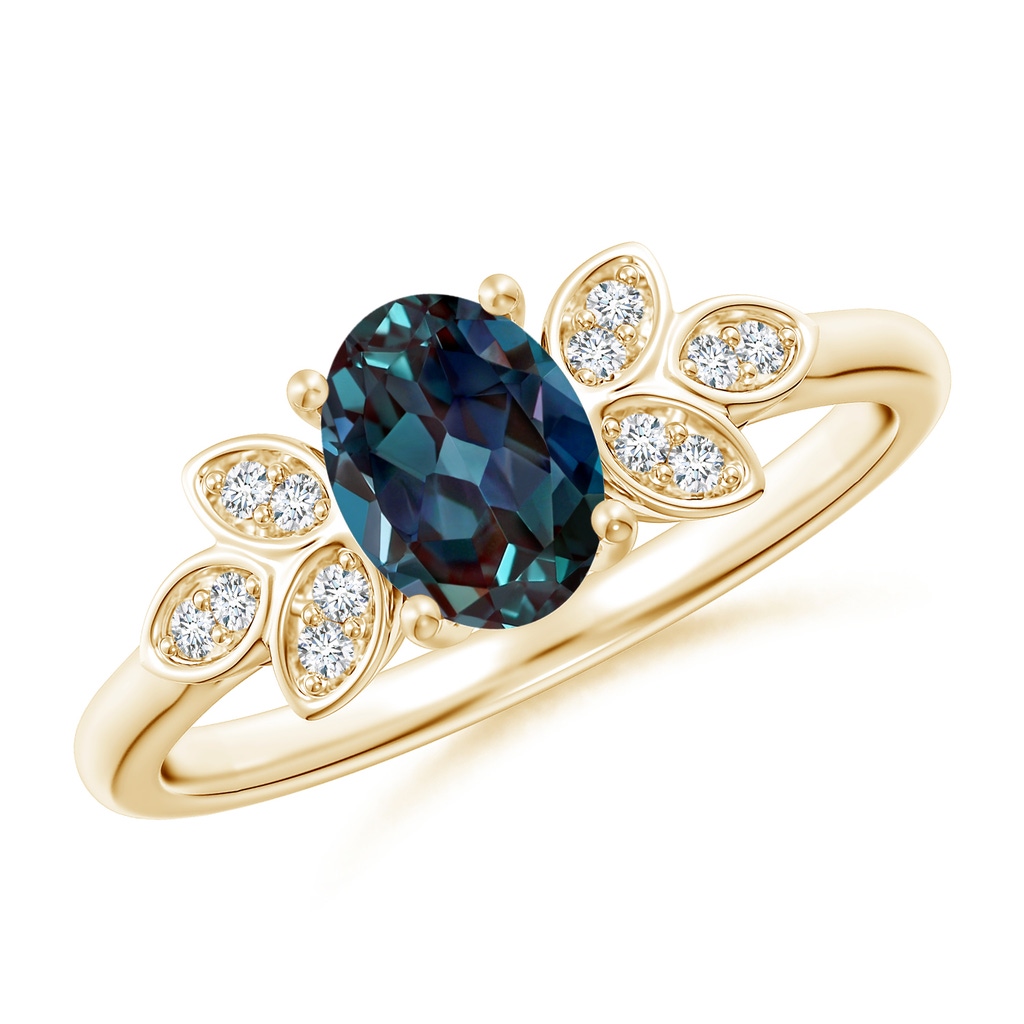 7x5mm Labgrown Vintage Style Oval Lab-Grown Alexandrite Ring with Diamond Accents in Yellow Gold