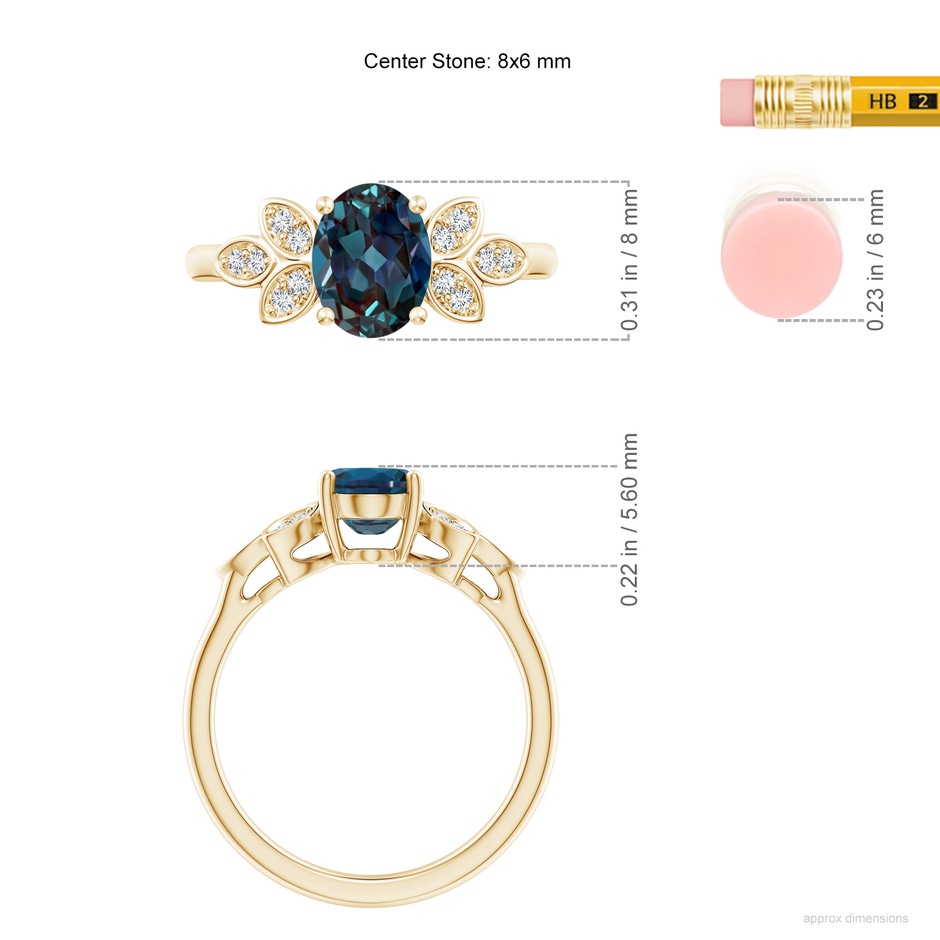 8x6mm Labgrown Vintage Style Oval Lab-Grown Alexandrite Ring with Diamond Accents in Yellow Gold ruler