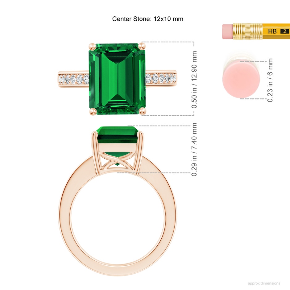 12x10mm Labgrown Lab-Grown Octagonal Emerald Cocktail Ring with Lab Diamonds in Rose Gold ruler