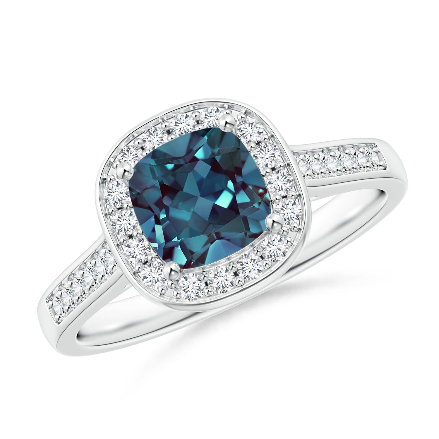 6mm Labgrown Classic Cushion Lab-Grown Alexandrite Ring with Diamond Halo in 18K White Gold