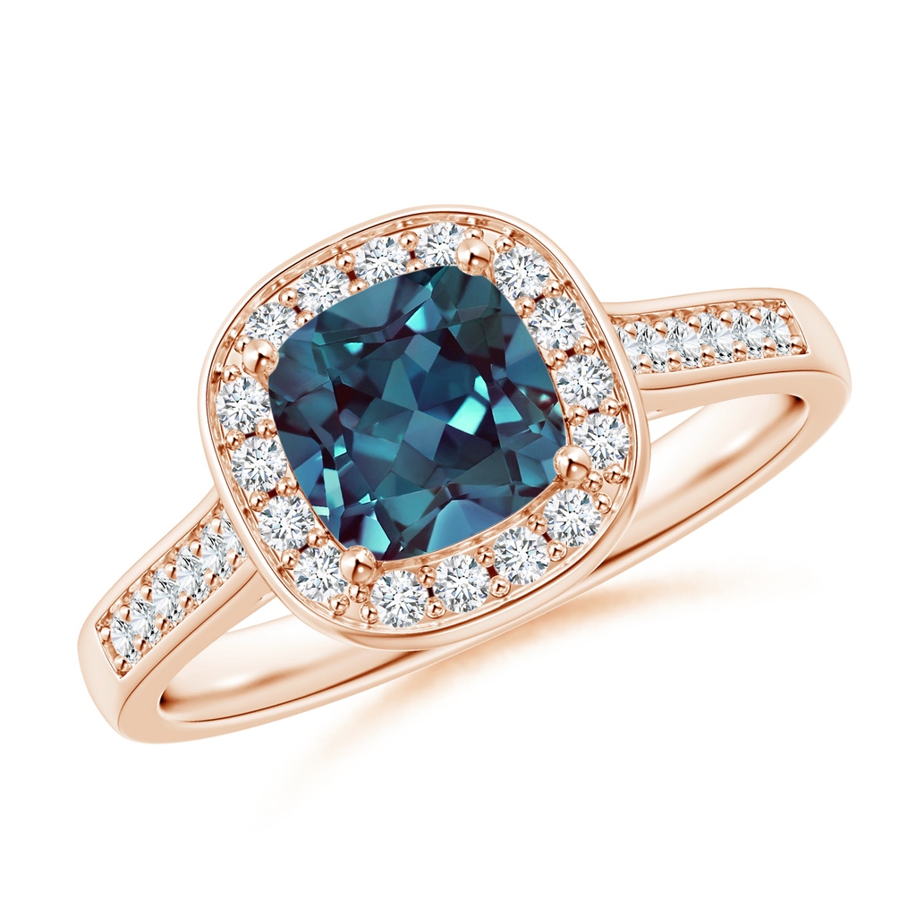 6mm Labgrown Classic Cushion Lab-Grown Alexandrite Ring with Diamond Halo in Rose Gold