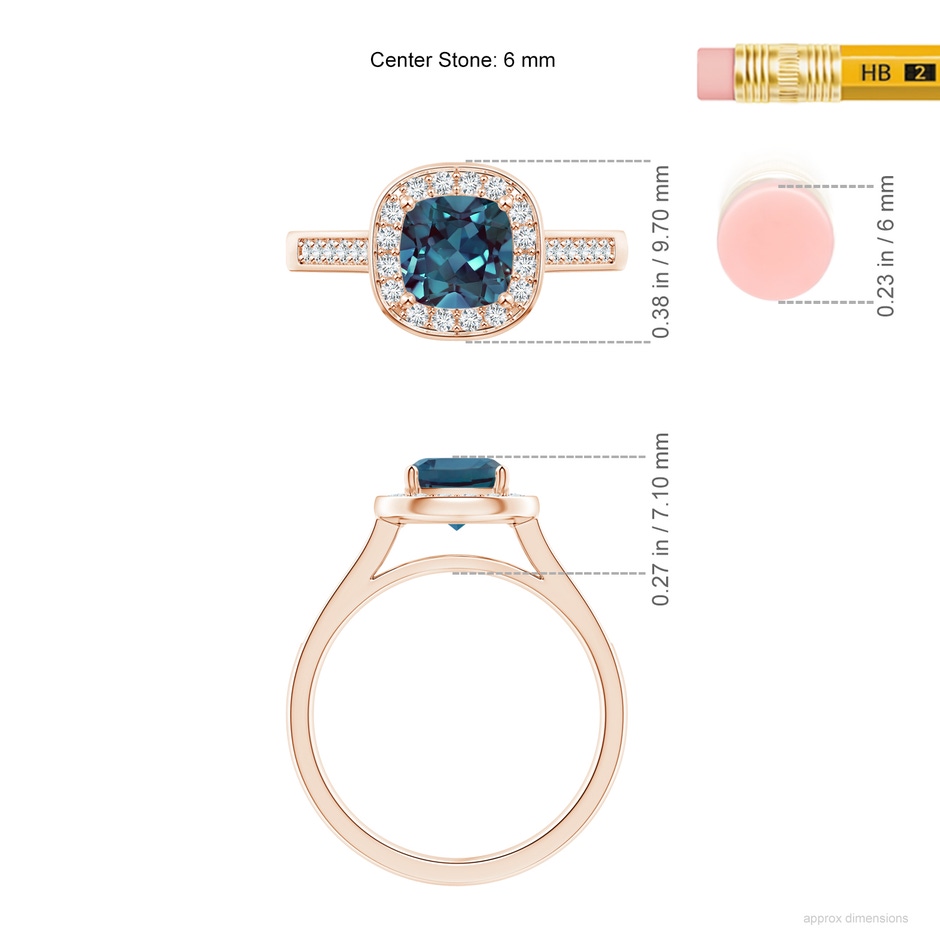 6mm Labgrown Classic Cushion Lab-Grown Alexandrite Ring with Diamond Halo in Rose Gold ruler