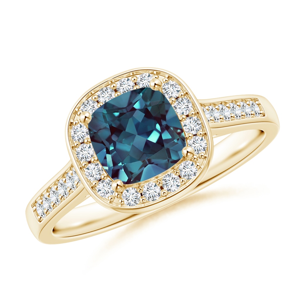 6mm Labgrown Classic Cushion Lab-Grown Alexandrite Ring with Diamond Halo in Yellow Gold