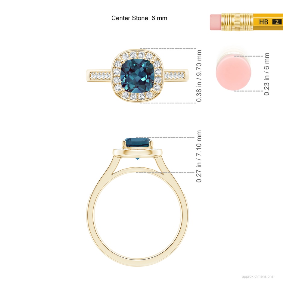 6mm Labgrown Classic Cushion Lab-Grown Alexandrite Ring with Diamond Halo in Yellow Gold ruler