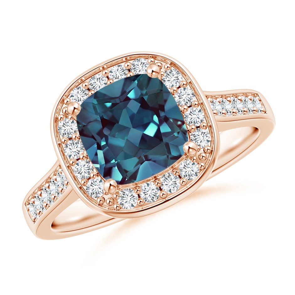 7mm Labgrown Classic Cushion Lab-Grown Alexandrite Ring with Diamond Halo in 18K Rose Gold 