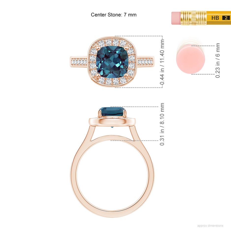 7mm Labgrown Classic Cushion Lab-Grown Alexandrite Ring with Diamond Halo in Rose Gold ruler