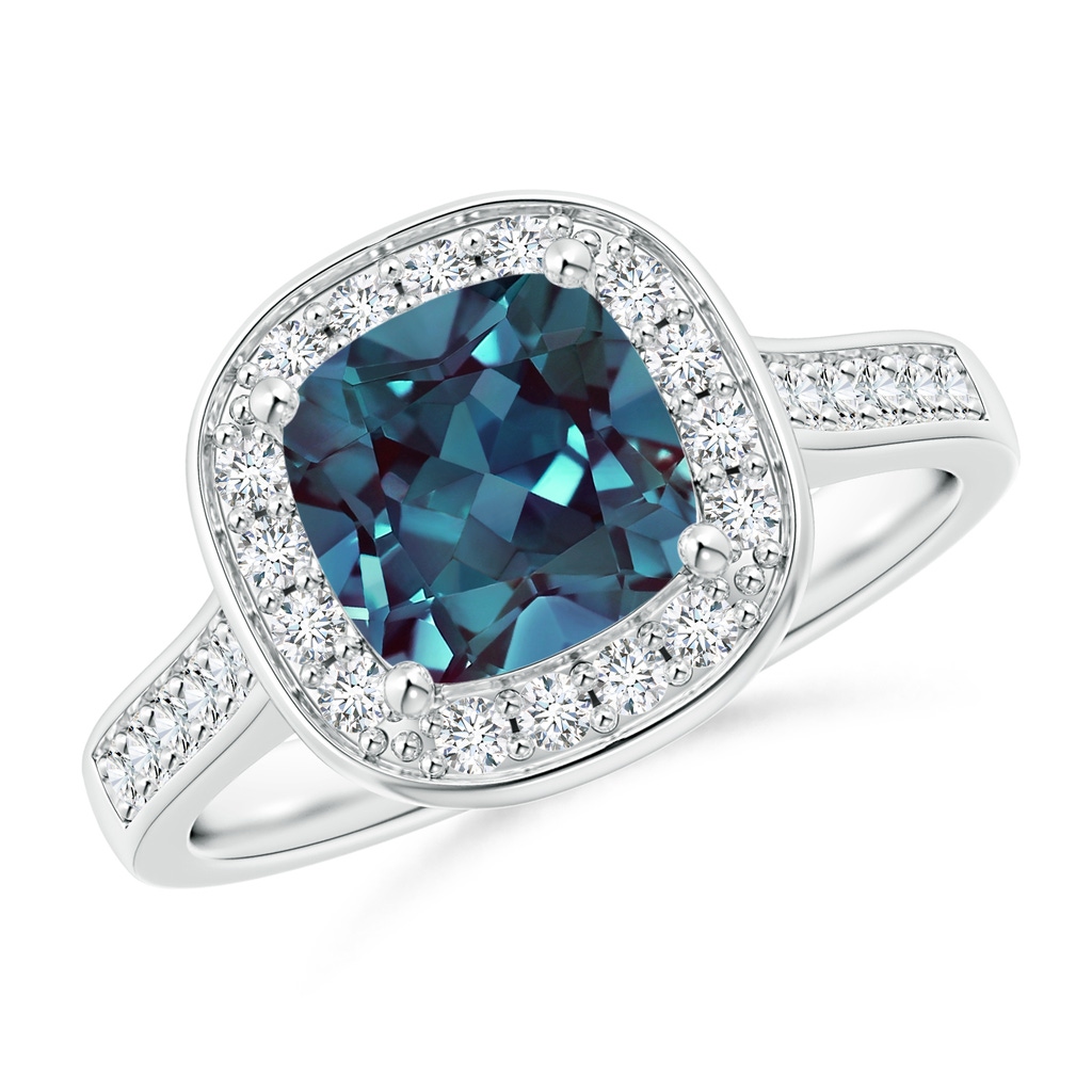 7mm Labgrown Classic Cushion Lab-Grown Alexandrite Ring with Diamond Halo in White Gold