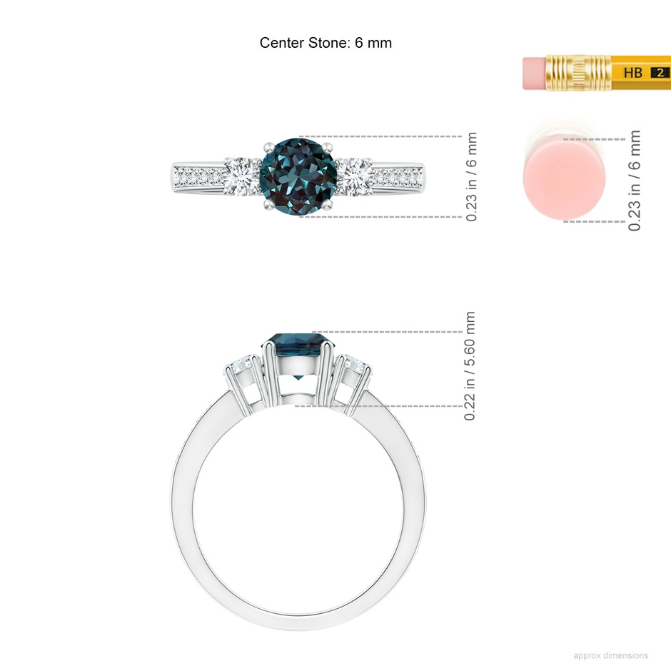 6mm Labgrown Classic Three Stone Lab-Grown Alexandrite and Diamond Ring in White Gold ruler