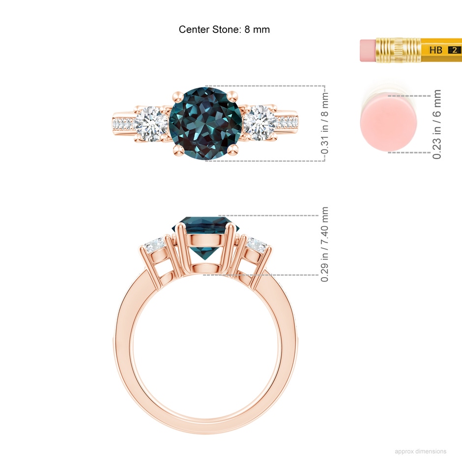 8mm Labgrown Classic Three Stone Lab-Grown Alexandrite and Diamond Ring in Rose Gold ruler