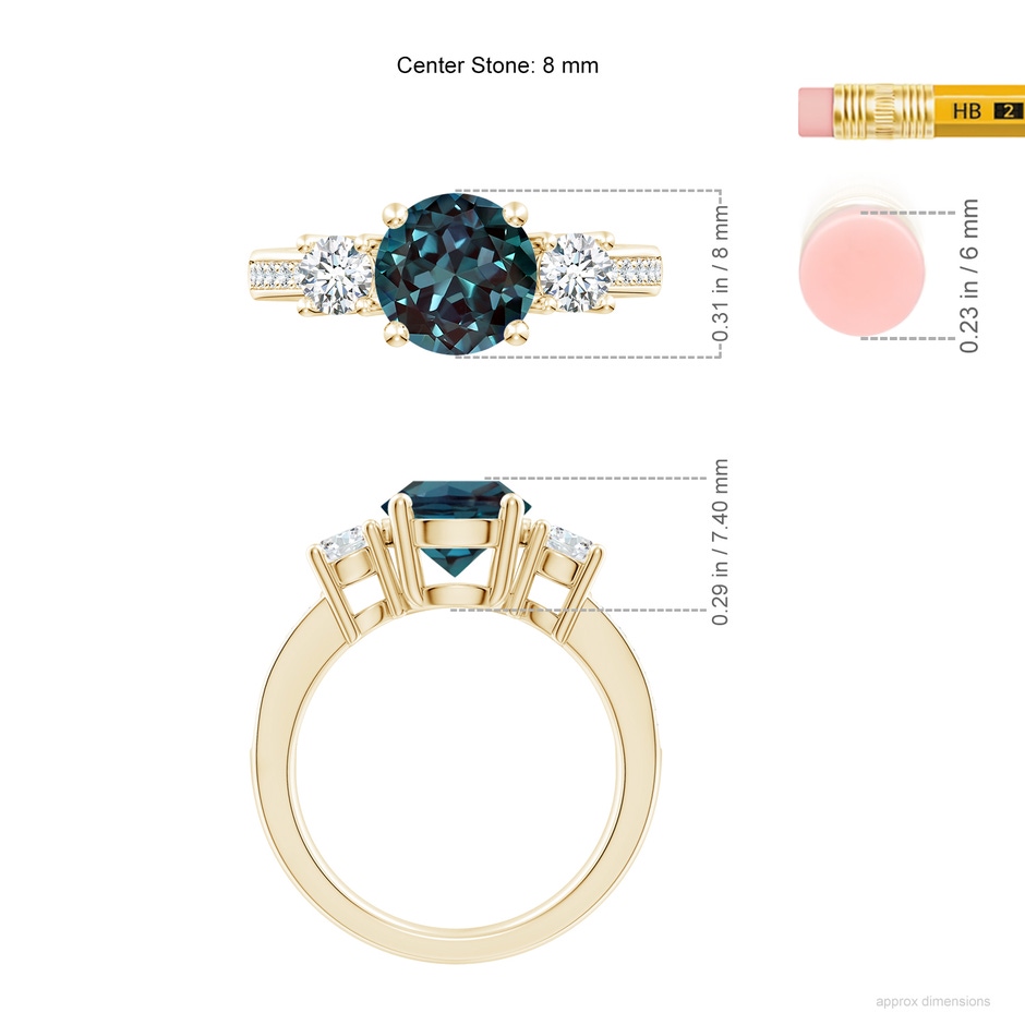 8mm Labgrown Classic Three Stone Lab-Grown Alexandrite and Diamond Ring in Yellow Gold ruler