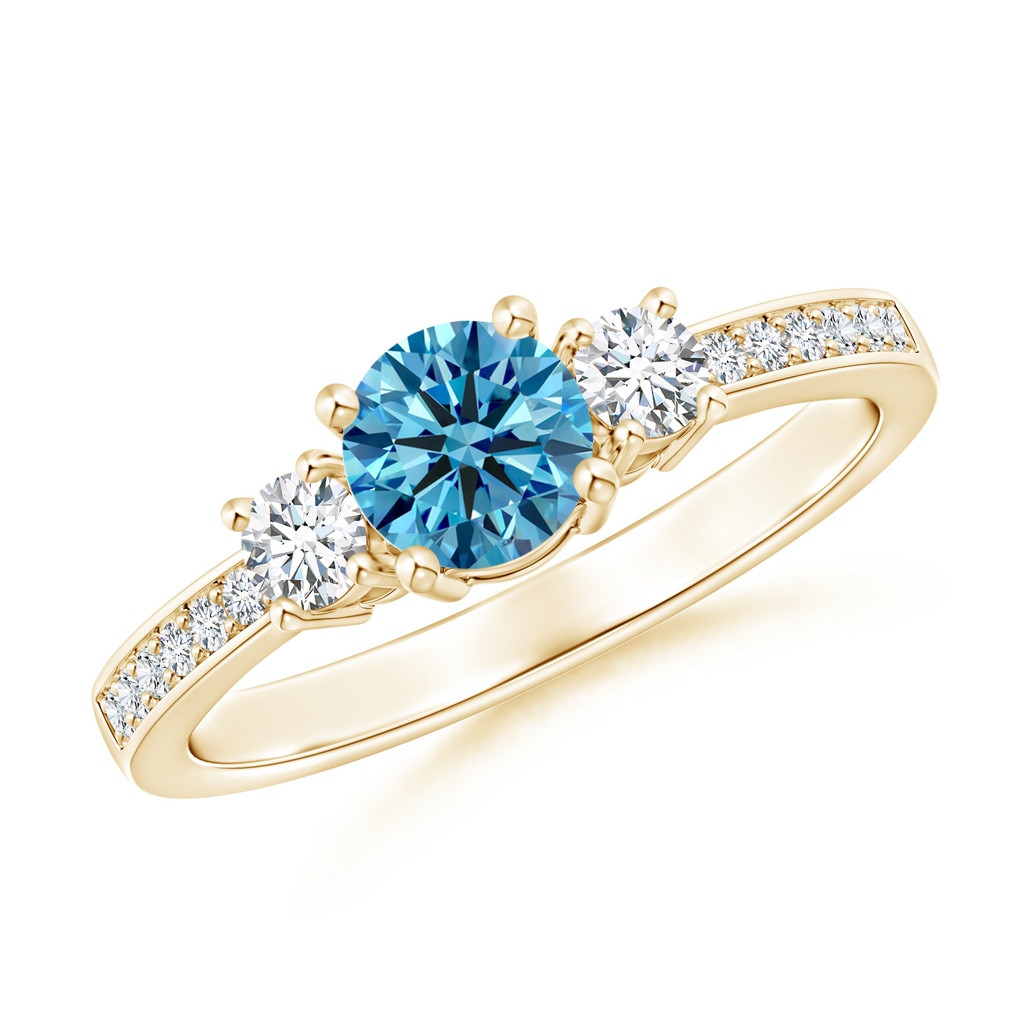 5mm Labgrown Classic Three Stone Lab-Grown Fancy Intense Blue and White Diamond Ring in Yellow Gold