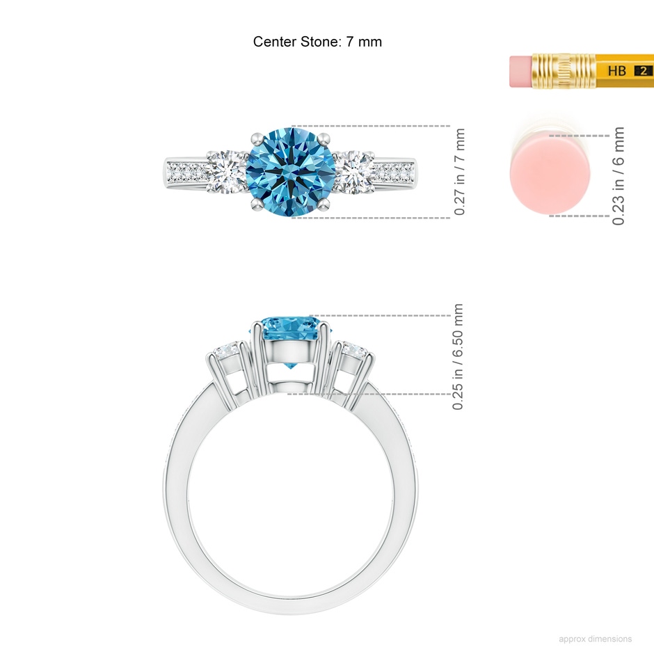 7mm Labgrown Classic Three Stone Lab-Grown Fancy Intense Blue and White Diamond Ring in S999 Silver ruler