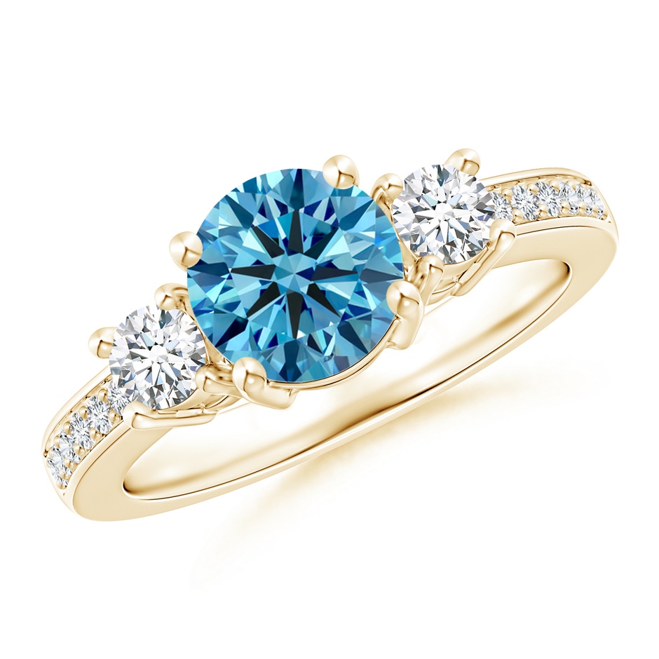 7mm Labgrown Classic Three Stone Lab-Grown Fancy Intense Blue and White Diamond Ring in Yellow Gold 