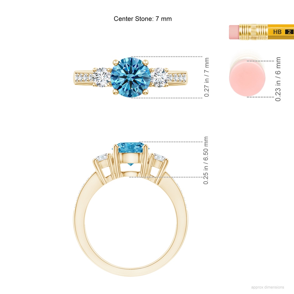 7mm Labgrown Classic Three Stone Lab-Grown Fancy Intense Blue and White Diamond Ring in Yellow Gold ruler