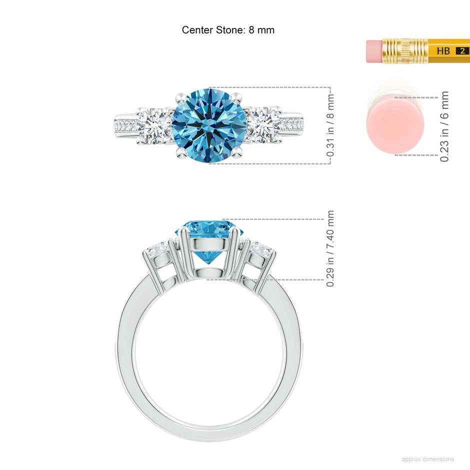 8mm Labgrown Classic Three Stone Lab-Grown Fancy Intense Blue and White Diamond Ring in P950 Platinum ruler