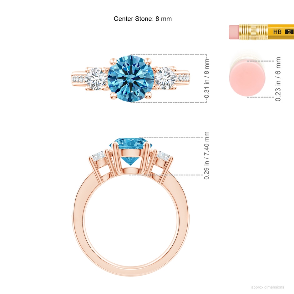 8mm Labgrown Classic Three Stone Lab-Grown Fancy Intense Blue and White Diamond Ring in Rose Gold ruler