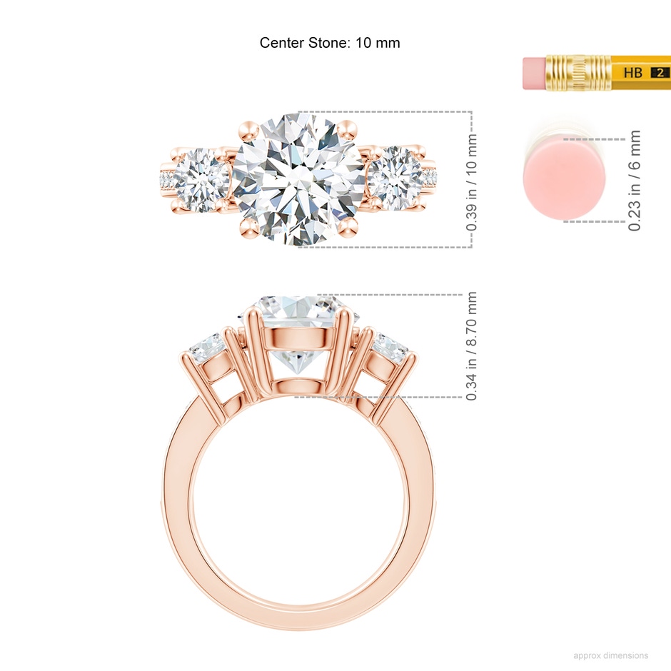10.1mm FGVS Lab-Grown Classic Three Stone Diamond Ring in Rose Gold ruler