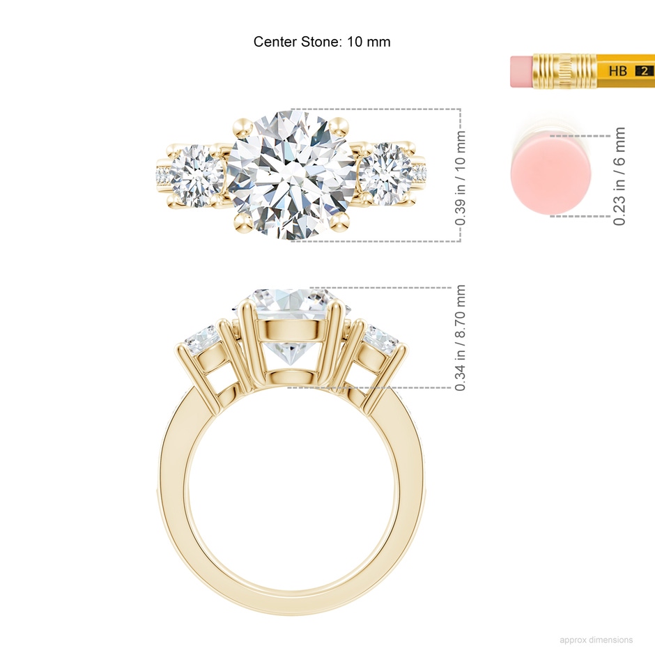 10.1mm FGVS Lab-Grown Classic Three Stone Diamond Ring in Yellow Gold ruler
