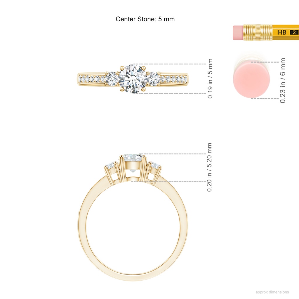 5mm FGVS Lab-Grown Classic Three Stone Diamond Ring in Yellow Gold ruler