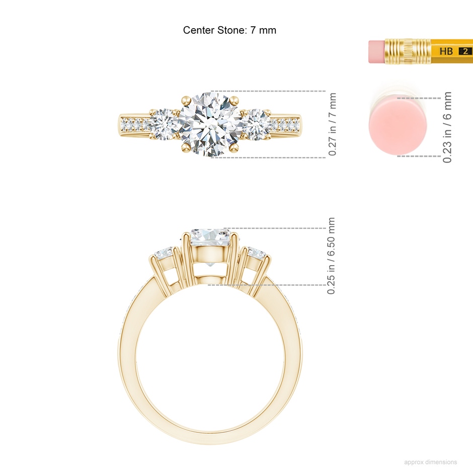 7mm FGVS Lab-Grown Classic Three Stone Diamond Ring in Yellow Gold ruler