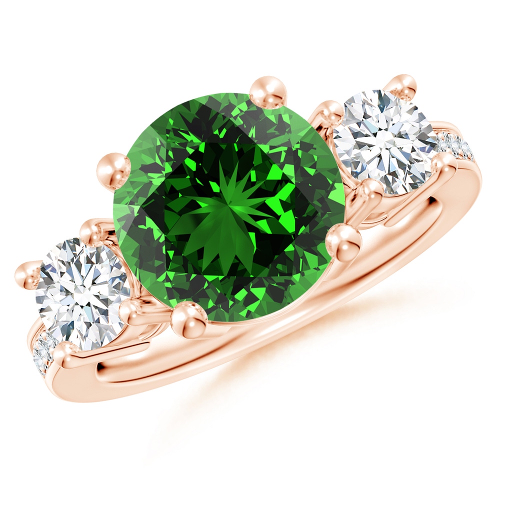 10mm Labgrown Lab-Grown Classic Three Stone Emerald and Lab Diamond Ring in Rose Gold