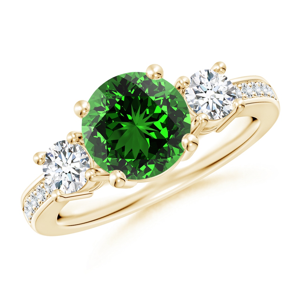 8mm Labgrown Lab-Grown Classic Three Stone Emerald and Lab Diamond Ring in Yellow Gold