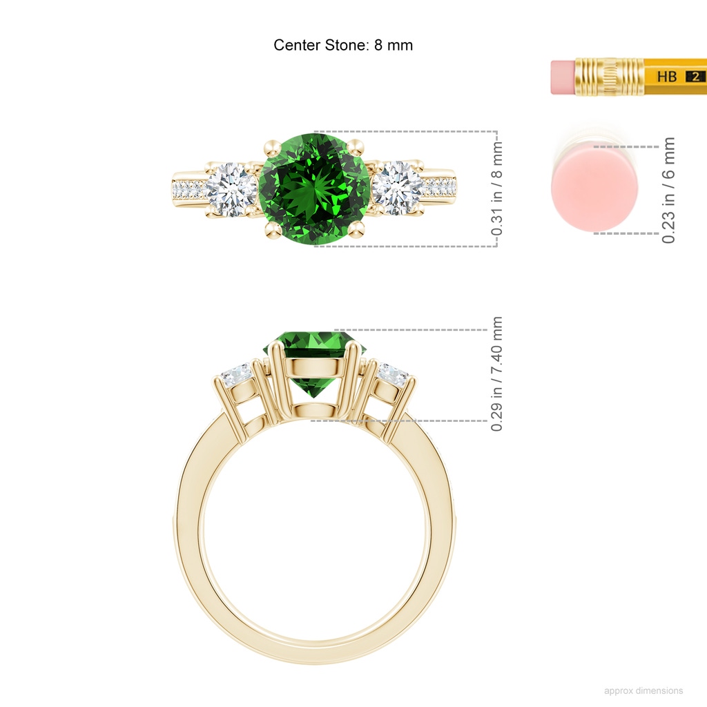 8mm Labgrown Lab-Grown Classic Three Stone Emerald and Lab Diamond Ring in Yellow Gold ruler