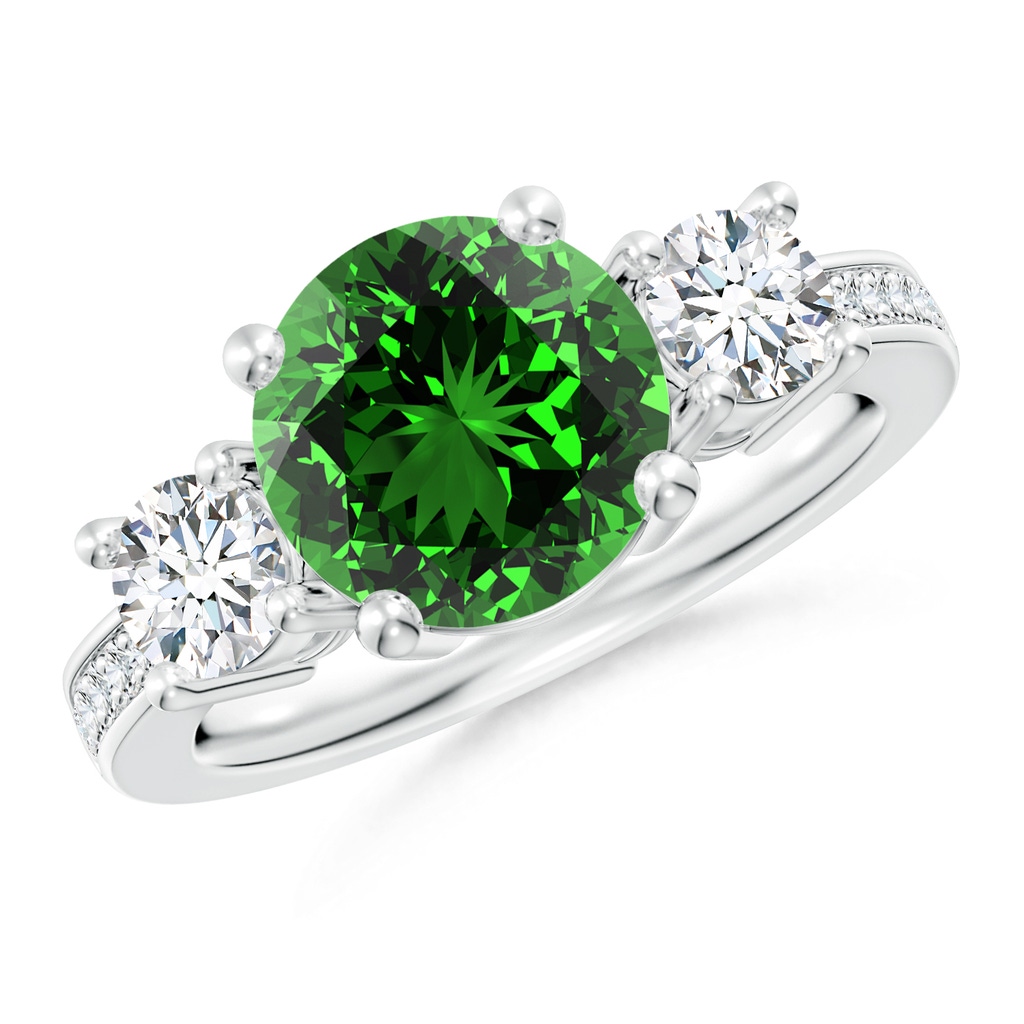 9mm Labgrown Lab-Grown Classic Three Stone Emerald and Lab Diamond Ring in 18K White Gold