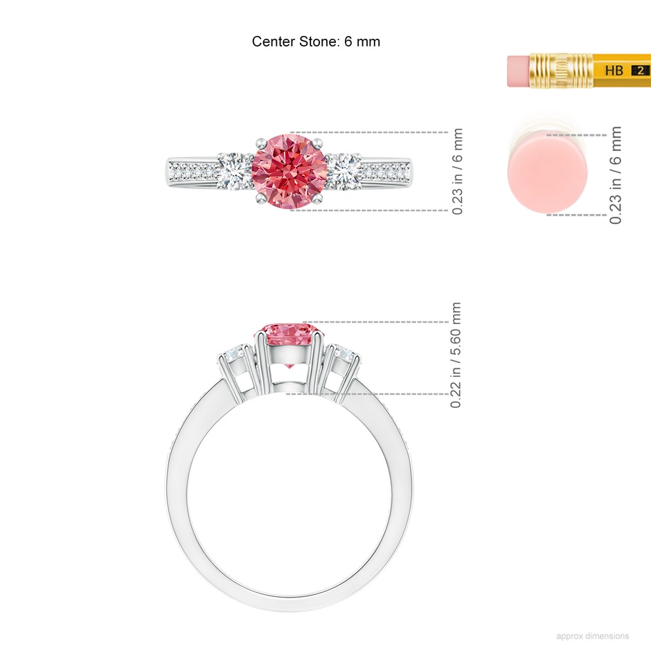 6mm Labgrown Classic Three Stone Lab-Grown Fancy Intense Pink and White Diamond Ring in White Gold ruler