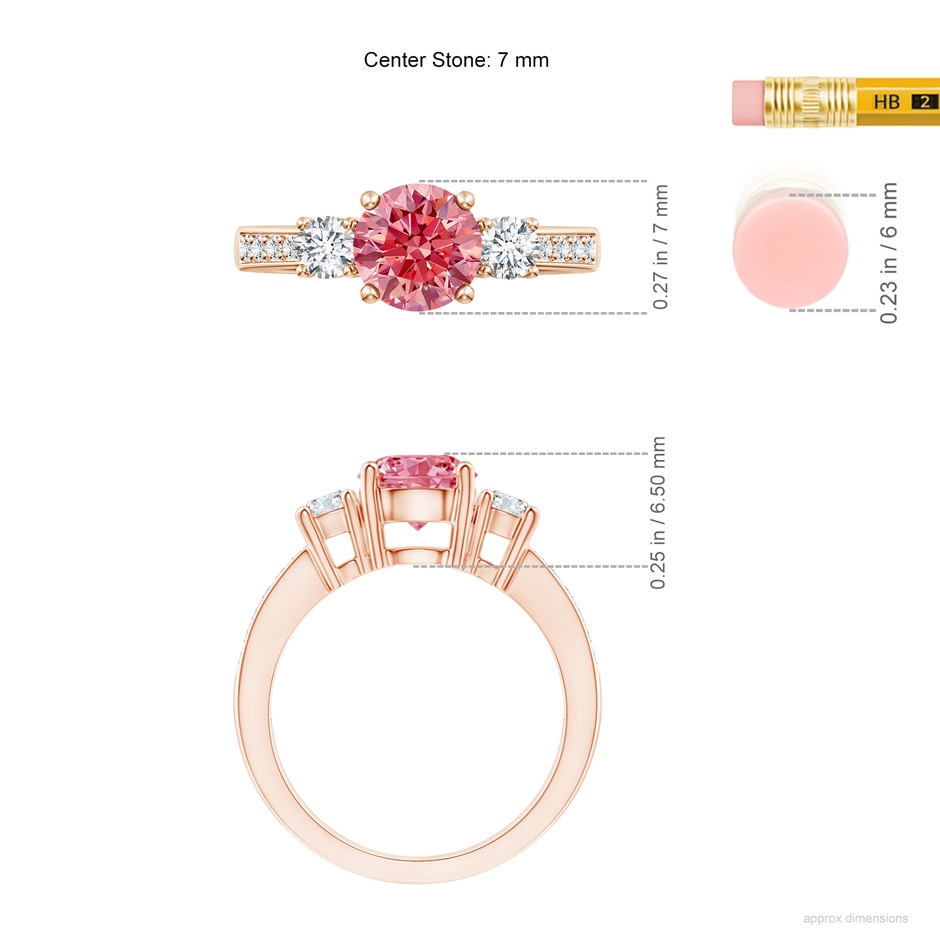 7mm Labgrown Classic Three Stone Lab-Grown Fancy Intense Pink and White Diamond Ring in Rose Gold ruler