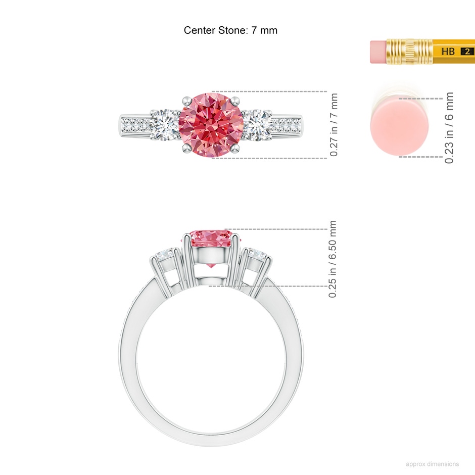 7mm Labgrown Classic Three Stone Lab-Grown Fancy Intense Pink and White Diamond Ring in White Gold ruler